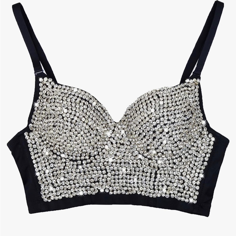 ELLACCI Women's Rhinestone Diamond Push up Bustier Crop Top (L)